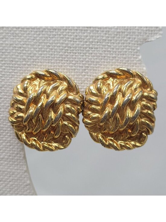 AK Jewelry - Gold-Tone Woven Clip-On Earrings By AK With Textured Design Vtg Classic Style 1"